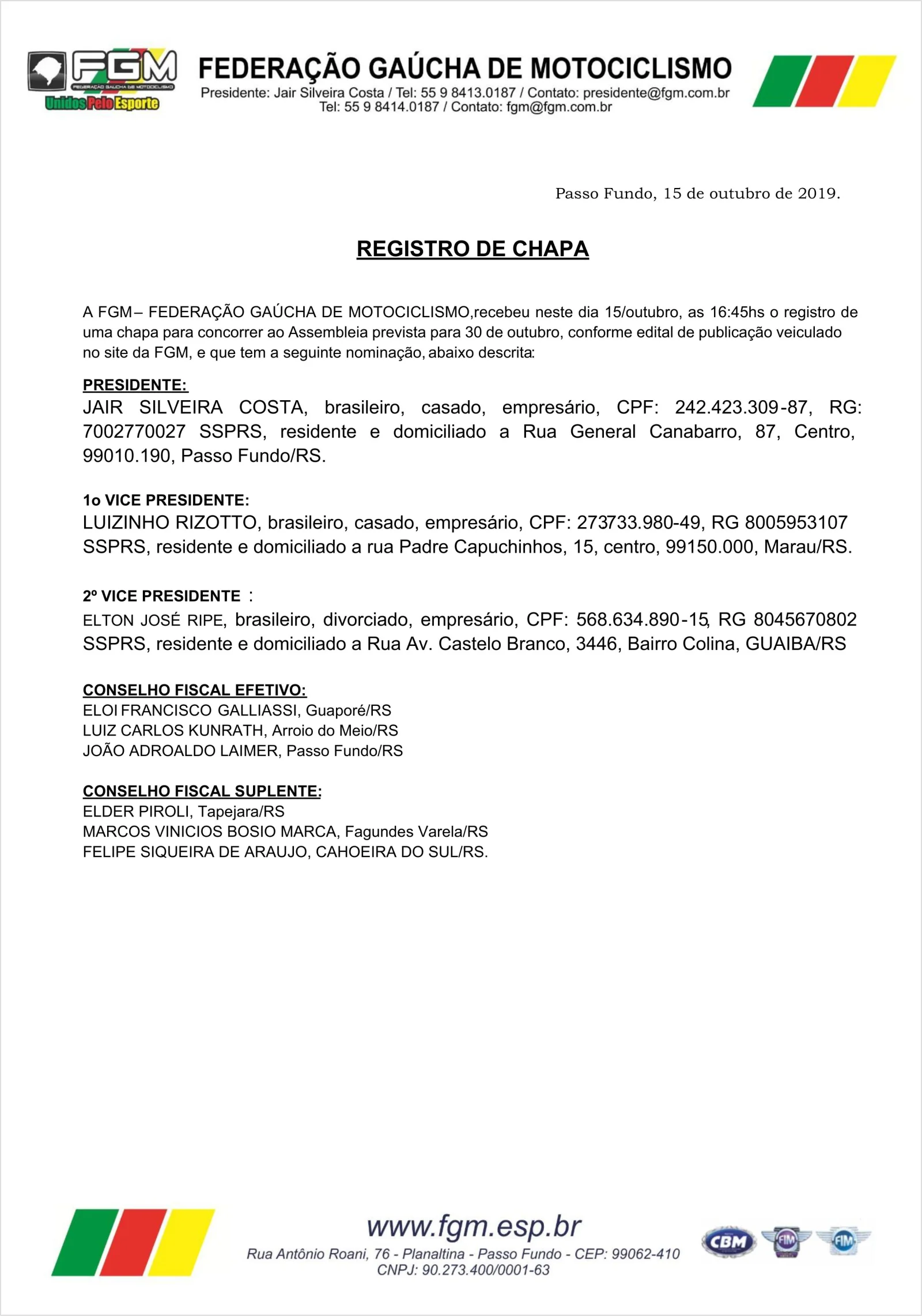 Imagem REGISTRO DE CHAPA - AGO 2019