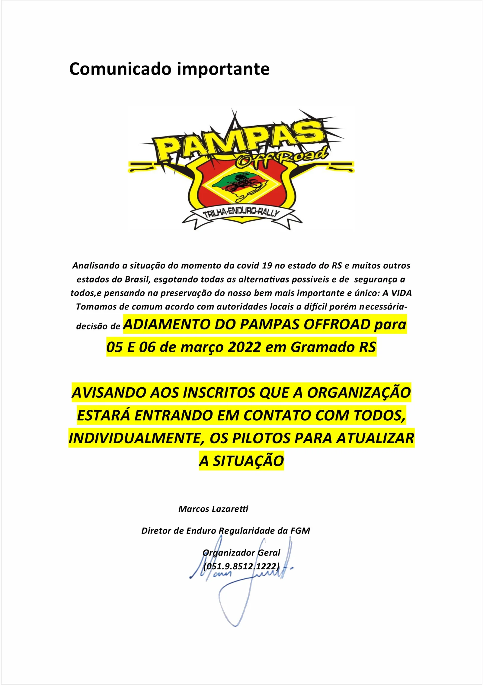 Imagem COMUNICADO IMPORTANTE - PAMPAS OFFROAD