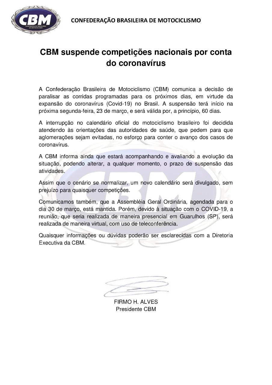 Imagem CBM suspende competições nacionais por conta do Coronavírus.