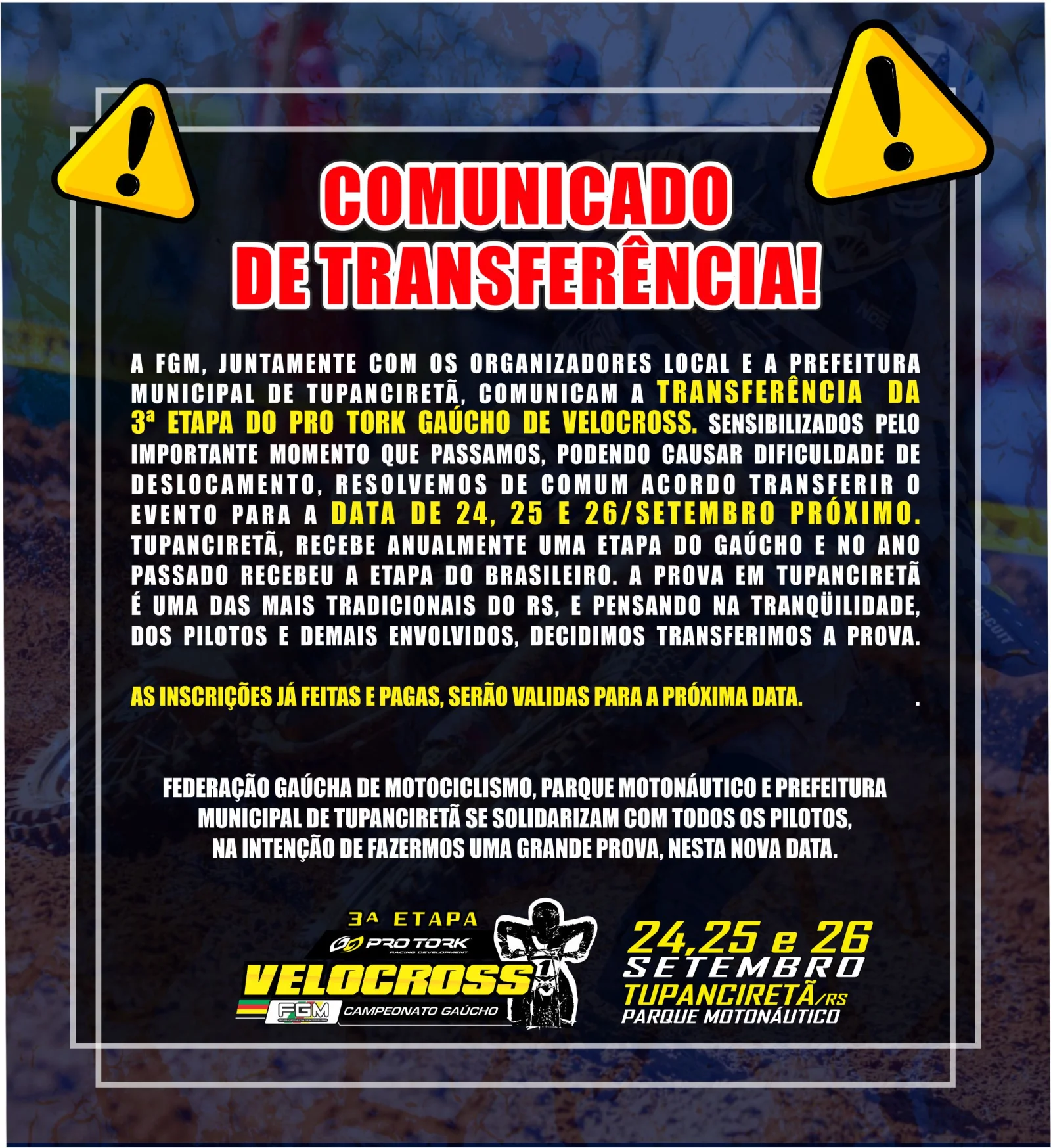 Imagem COMUNICADO IMPORTANTE  - TRANSFERÊNCIA DE DATAS DO PRO TORK GAÚCHO DE VELOCROSS